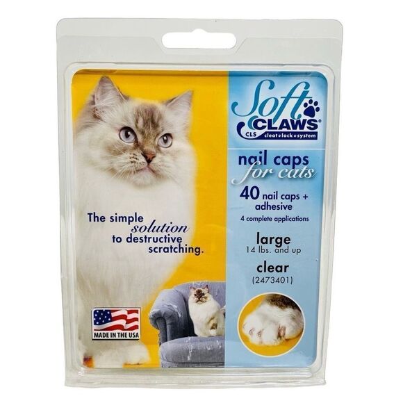 NEW Soft Claws 40 Nail‎ Caps + Adhesive Large Cat Size 14 lb Clear Scratching - Picture 1 of 4